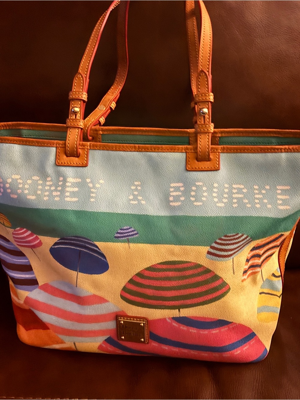Dooney & Bourke Multicolor Beach Umbrella Canvas Tote with Tan Leather Trim